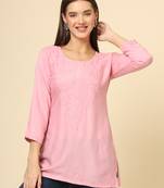 Beautiful pink rayon chikankari work fancy girlish casual short kurti