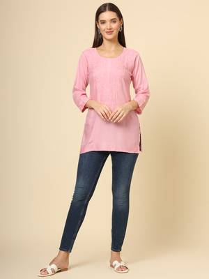 Beautiful pink rayon chikankari work fancy girlish casual short kurti 2