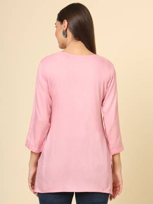 Beautiful pink rayon chikankari work fancy girlish casual short kurti 3