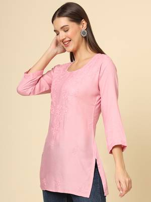 Beautiful pink rayon chikankari work fancy girlish casual short kurti 4