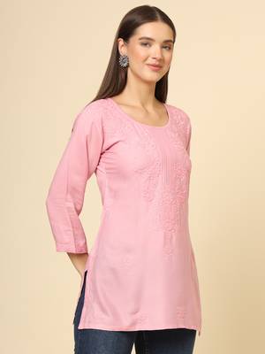 Beautiful pink rayon chikankari work fancy girlish casual short kurti 5