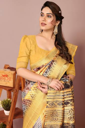 Yellow Art Silk Shibori Print/Laheriya Print Golden Zari Border Saree With Unstitched Blouse Piece