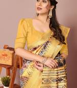 Yellow Art Silk Shibori Print/Laheriya Print Golden Zari Border Saree With Unstitched Blouse Piece