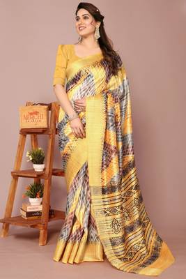 Yellow Art Silk Shibori Print/Laheriya Print Golden Zari Border Saree With Unstitched Blouse Piece 2