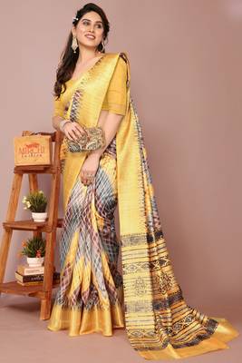 Yellow Art Silk Shibori Print/Laheriya Print Golden Zari Border Saree With Unstitched Blouse Piece 3