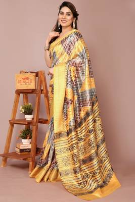 Yellow Art Silk Shibori Print/Laheriya Print Golden Zari Border Saree With Unstitched Blouse Piece 4