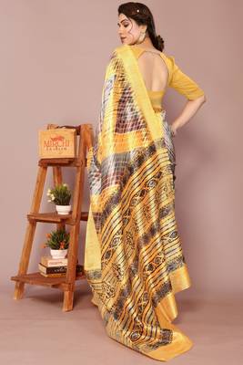 Yellow Art Silk Shibori Print/Laheriya Print Golden Zari Border Saree With Unstitched Blouse Piece 5
