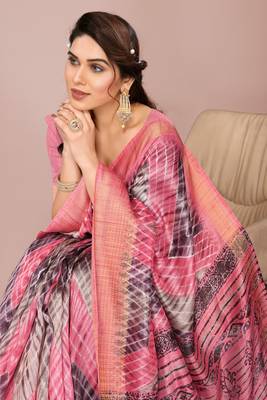 Coral Pink Art Silk Shibori Print/Laheriya Print Golden Zari Border Saree With Unstitched Blouse Piece 1