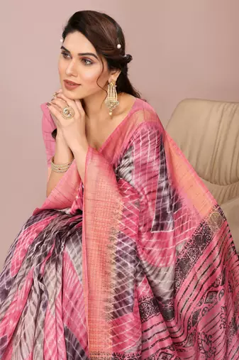 Coral Pink Art Silk Shibori Print/Laheriya Print Golden Zari Border Saree With Unstitched Blouse Piece