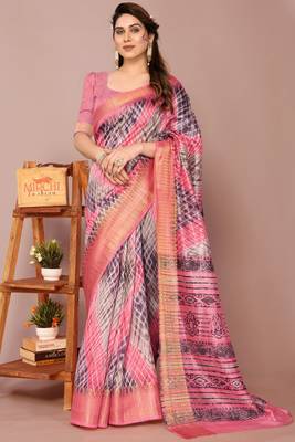 Coral Pink Art Silk Shibori Print/Laheriya Print Golden Zari Border Saree With Unstitched Blouse Piece 2
