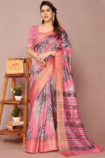 Coral Pink Art Silk Shibori Print/Laheriya Print Golden Zari Border Saree With Unstitched Blouse Piece