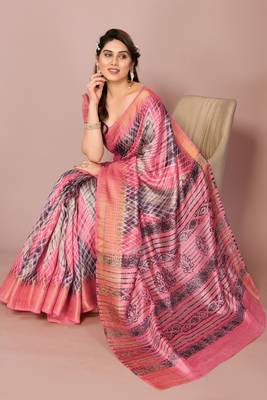 Coral Pink Art Silk Shibori Print/Laheriya Print Golden Zari Border Saree With Unstitched Blouse Piece 3