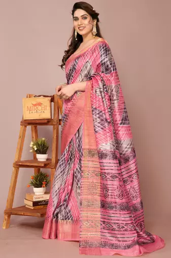 Coral Pink Art Silk Shibori Print/Laheriya Print Golden Zari Border Saree With Unstitched Blouse Piece