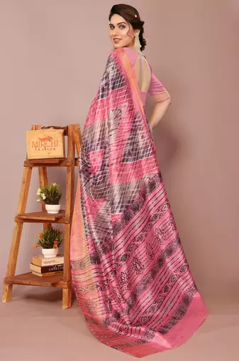 Coral Pink Art Silk Shibori Print/Laheriya Print Golden Zari Border Saree With Unstitched Blouse Piece