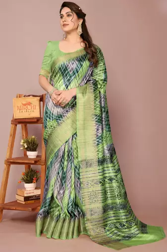 Green Art Silk Shibori Print/Laheriya Print Golden Zari Border Saree With Unstitched Blouse Piece
