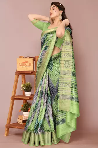 Green Art Silk Shibori Print/Laheriya Print Golden Zari Border Saree With Unstitched Blouse Piece