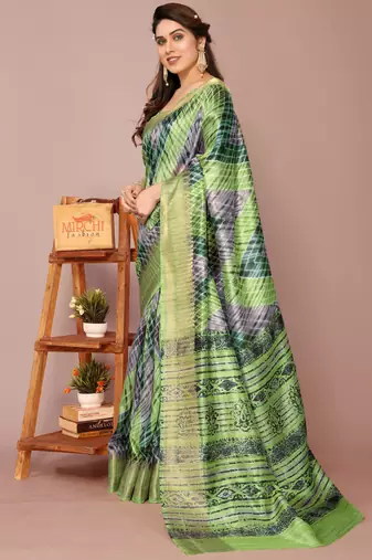 Green Art Silk Shibori Print/Laheriya Print Golden Zari Border Saree With Unstitched Blouse Piece