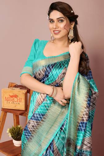 Turquoise Art Silk Shibori Print/Laheriya Print Golden Zari Border Saree With Unstitched Blouse Piece