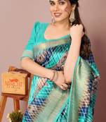 Turquoise Art Silk Shibori Print/Laheriya Print Golden Zari Border Saree With Unstitched Blouse Piece