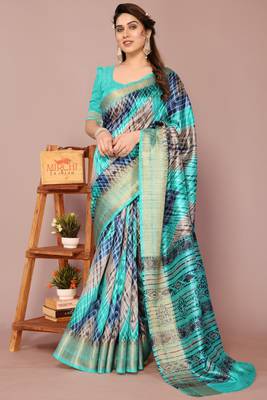 Turquoise Art Silk Shibori Print/Laheriya Print Golden Zari Border Saree With Unstitched Blouse Piece 2