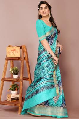 Turquoise Art Silk Shibori Print/Laheriya Print Golden Zari Border Saree With Unstitched Blouse Piece 3