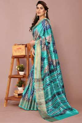 Turquoise Art Silk Shibori Print/Laheriya Print Golden Zari Border Saree With Unstitched Blouse Piece 4