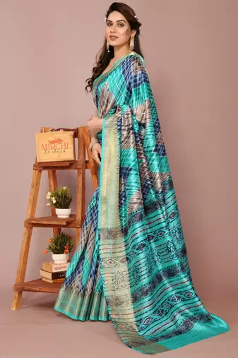 Turquoise Art Silk Shibori Print/Laheriya Print Golden Zari Border Saree With Unstitched Blouse Piece