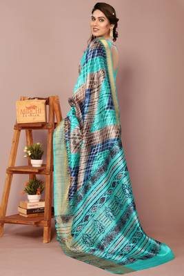 Turquoise Art Silk Shibori Print/Laheriya Print Golden Zari Border Saree With Unstitched Blouse Piece 5