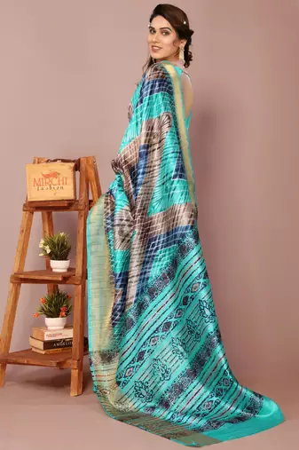 Turquoise Art Silk Shibori Print/Laheriya Print Golden Zari Border Saree With Unstitched Blouse Piece