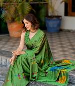 Green chiffon warli print saree with unstitched blouse piece
