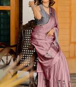 Dusty pink chiffon warli print saree with unstitched blouse piece