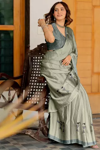 Light olive green chiffon warli print saree with unstitched blouse piece