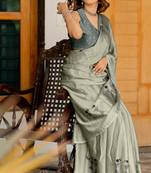 Light olive green chiffon warli print saree with unstitched blouse piece