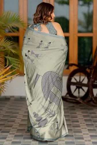 Light olive green chiffon warli print saree with unstitched blouse piece