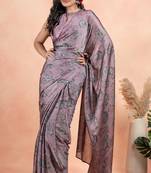 Dusty Rose Pink Chiffon Floral Print Saree With Unstitched Blouse Piece