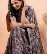 Dusty Wine Chiffon Geometric Print Plain Saree With Unstitched Blouse Piece