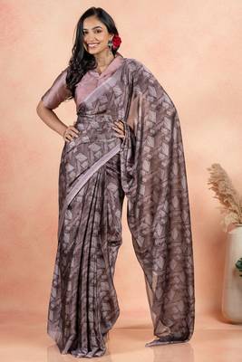Dusty Wine Chiffon Geometric Print Plain Saree With Unstitched Blouse Piece 2