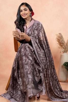 Dusty Wine Chiffon Geometric Print Plain Saree With Unstitched Blouse Piece 3