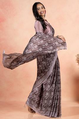 Dusty Wine Chiffon Geometric Print Plain Saree With Unstitched Blouse Piece 4