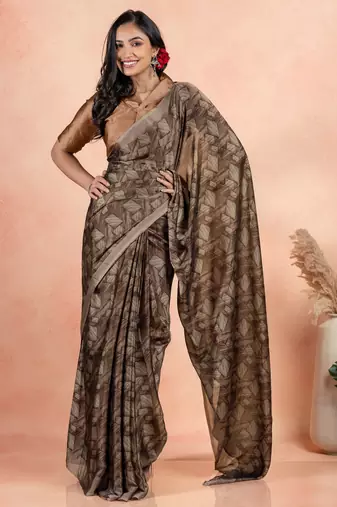 Brown Chiffon Geometric Print Plain Saree With Unstitched Blouse Piece