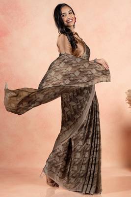 Brown Chiffon Geometric Print Plain Saree With Unstitched Blouse Piece 4