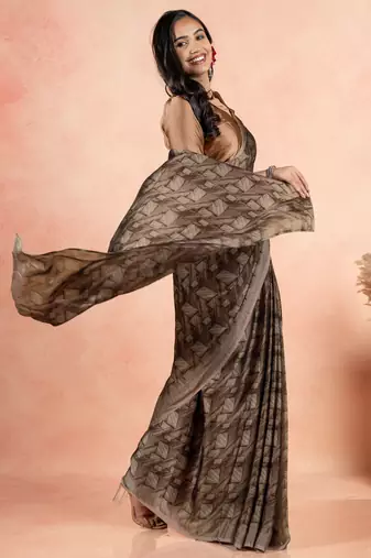 Brown Chiffon Geometric Print Plain Saree With Unstitched Blouse Piece