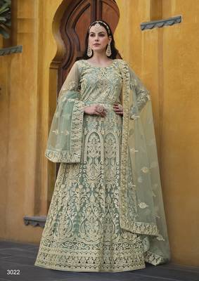  embroidered long Indian green anarkali salwar suit in net for wedding party wear 1