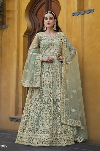  embroidered long Indian green anarkali salwar suit in net for wedding party wear