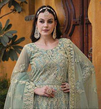  embroidered long Indian green anarkali salwar suit in net for wedding party wear 3