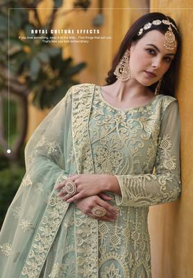  embroidered long Indian green anarkali salwar suit in net for wedding party wear 4
