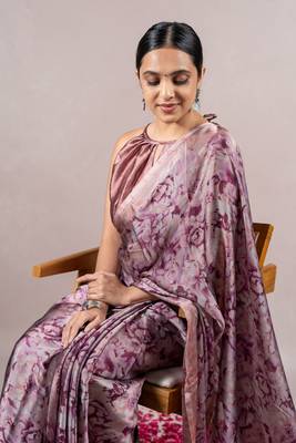 Dusty Rose Pink Chiffon Floral Print Saree With Unstitched Blouse Piece 1