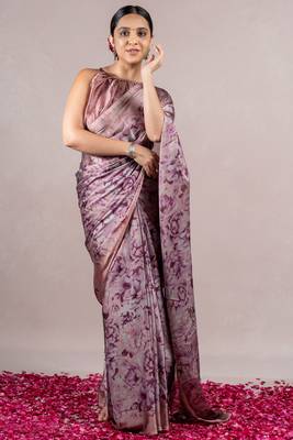 Dusty Rose Pink Chiffon Floral Print Saree With Unstitched Blouse Piece 2