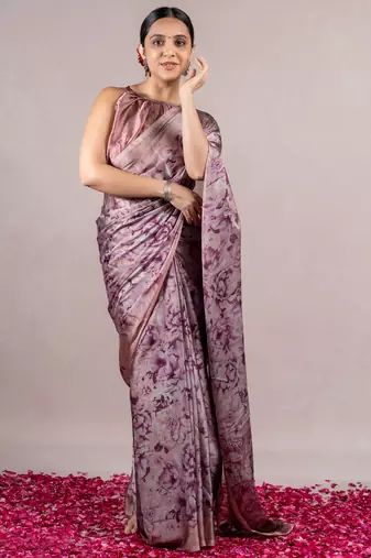 Dusty Rose Pink Chiffon Floral Print Saree With Unstitched Blouse Piece