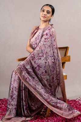 Dusty Rose Pink Chiffon Floral Print Saree With Unstitched Blouse Piece 3